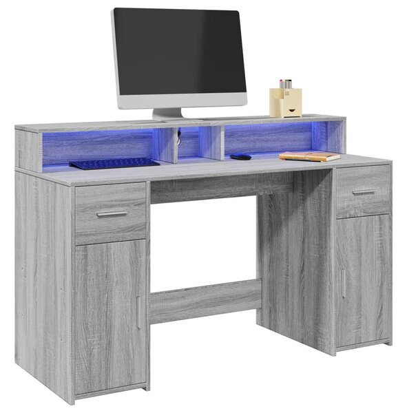 VidaXL LED Íróasztal - Sonoma Szürke - 140x55x91 cm