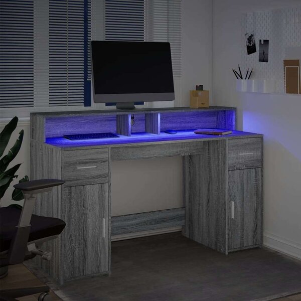 VidaXL LED Íróasztal - Sonoma Szürke - 140x55x91 cm