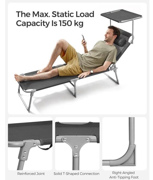 Összecsukható napozóágy napellenzővel 53 x 193 x 29,5 cm, 150 kg-ig terhelhető