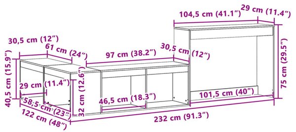 VidaXL Fehér Fenyőfa Éjjeliszekrény Íróasztallal - 232 cm