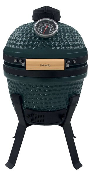 Faszén grill H.Koenig, Japanese Kamado BBQ 13", főzőfelület 26 cm, füstölés, sütés, lassú főzés, beépített hőmérő, bambusz fogantyú, kerámia test, levegő bemeneti és kimeneti nyílások, rozsda