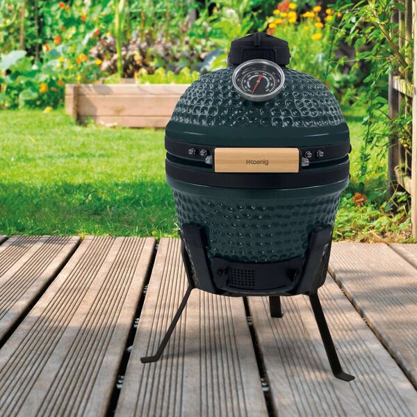 Faszén grill H.Koenig, Japanese Kamado BBQ 13", főzőfelület 26 cm, füstölés, sütés, lassú főzés, beépített hőmérő, bambusz fogantyú, kerámia test, levegő bemeneti és kimeneti nyílások, rozsda