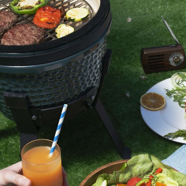 Kerámia grillsütő szénfűtéssel és beépített hőmérővel, H.Koenig, Japanese Kamado BBQ 18", Ø 46 cm, zöld