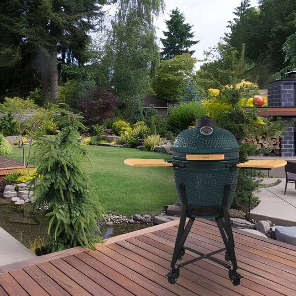 Kerámia grillsütő szénfűtéssel és beépített hőmérővel, H.Koenig, Japanese Kamado BBQ 18", Ø 46 cm, zöld