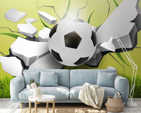 Fotótapéta Futball labda áttörése egy falon, Gyerekszoba fotótapéta, Népszerű fotótapéta, u60029 - Tapeko.hu