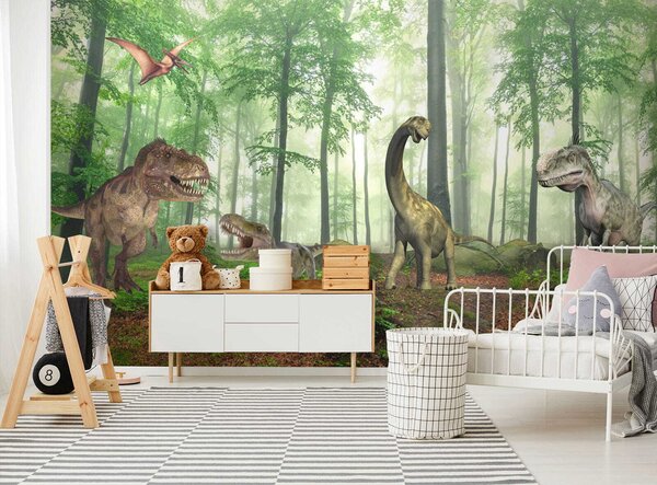 Fotótapéta Dinoszauruszok csoportja az erdőben, Gyerekszoba fotótapéta, Népszerű fotótapéta, u60039 - Tapeko.hu