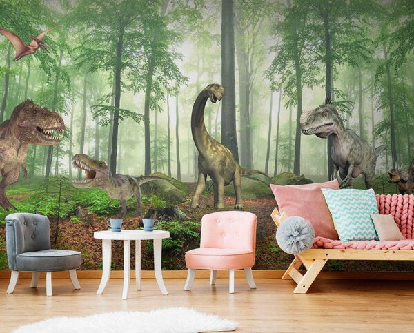 Fotótapéta Dinoszauruszok csoportja az erdőben, Gyerekszoba fotótapéta, Népszerű fotótapéta, u60039 - Tapeko.hu
