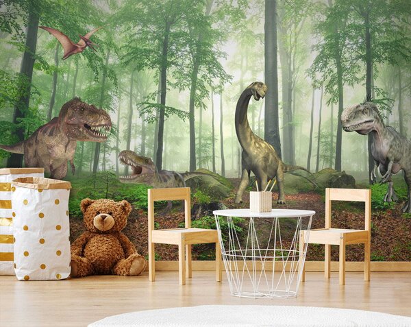 Fotótapéta Dinoszauruszok csoportja az erdőben, Gyerekszoba fotótapéta, Népszerű fotótapéta, u60039 - Tapeko.hu