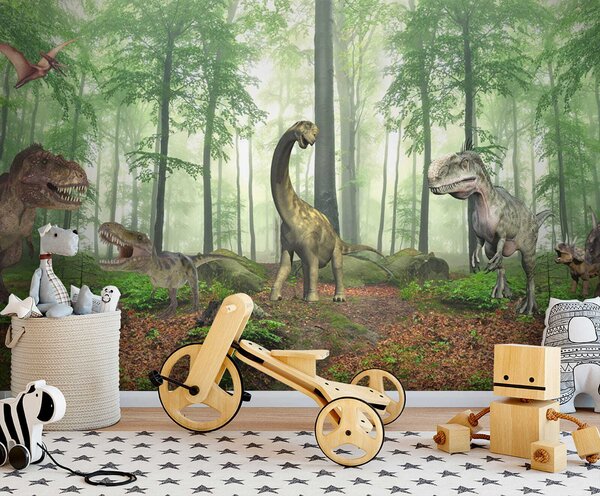 Fotótapéta Dinoszauruszok csoportja az erdőben, Gyerekszoba fotótapéta, Népszerű fotótapéta, u60039 - Tapeko.hu
