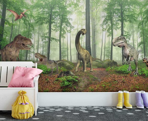 Fotótapéta Dinoszauruszok csoportja az erdőben, Gyerekszoba fotótapéta, Népszerű fotótapéta, u60039 - Tapeko.hu