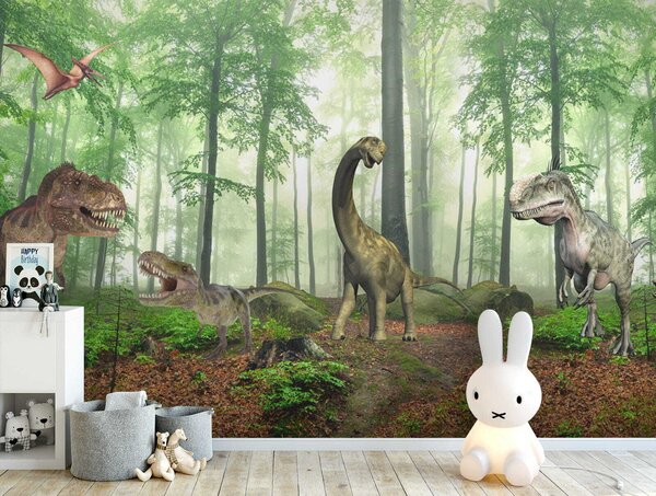 Fotótapéta Dinoszauruszok csoportja az erdőben, Gyerekszoba fotótapéta, Népszerű fotótapéta, u60039 - Tapeko.hu