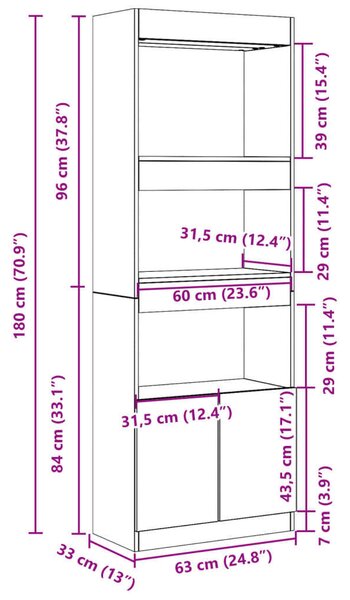 VidaXL Fehér Fa Magasszekrény - 63x33x180 cm