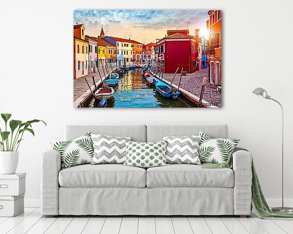 Burano sziget Velencében Olaszország festői naplemente csatorna (vászonkép)