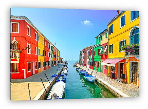 Velencei mérföldkő, Burano sziget-csatorna, színes házak és csón (vászonkép)