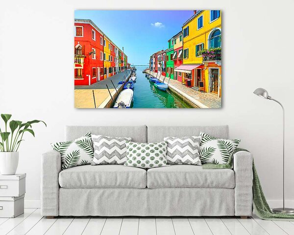 Velencei mérföldkő, Burano sziget-csatorna, színes házak és csón (vászonkép)