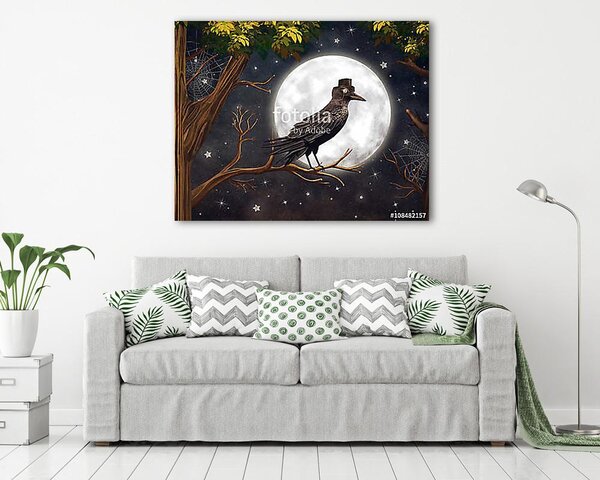 Raven egy holdfényben egy sötét erdőben, illusztráció művészet (vászonkép)