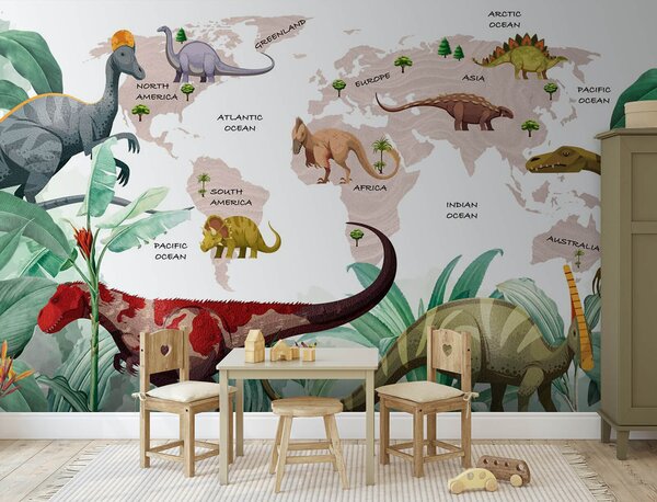Fotótapéta A dinoszauruszok térképe növényekkel és nevekkel, Gyerekszoba fotótapéta, Népszerű fotótapéta, u71068v4 - Tapeko.hu