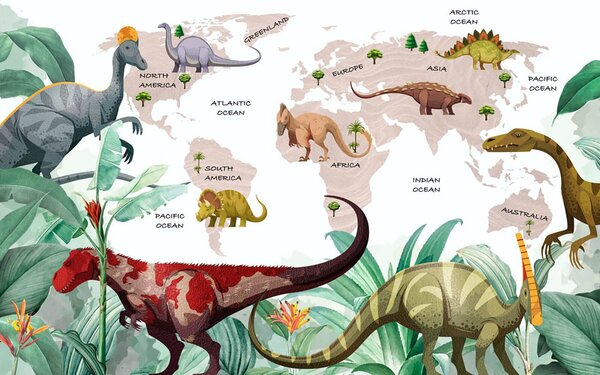 Fotótapéta A dinoszauruszok térképe növényekkel és nevekkel, Gyerekszoba fotótapéta, Népszerű fotótapéta, u71068v4 - Tapeko.hu