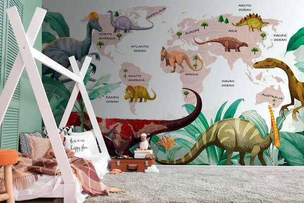 Fotótapéta A dinoszauruszok térképe növényekkel és nevekkel, Gyerekszoba fotótapéta, Népszerű fotótapéta, u71068v4 - Tapeko.hu