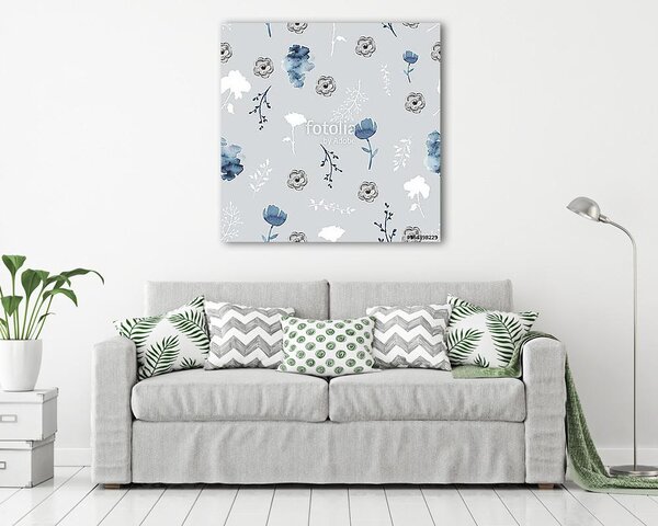 Seamless background pattern with twigs and flowers. Watercolor h (vászonkép)