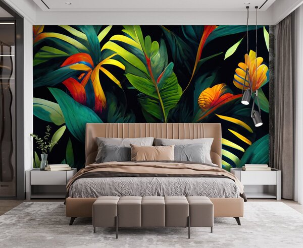 Fotótapéta Élénk trópusi levelek és virágok, Modern fotótapéta, Modern fotótapéta, u72390 - Muralas.hu