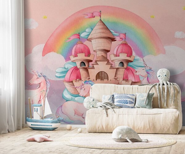 Fotótapéta Egyszarvúak és egy kastély, Gyerekszoba fotótapéta, Népszerű fotótapéta, u72545 - Tapeko.hu