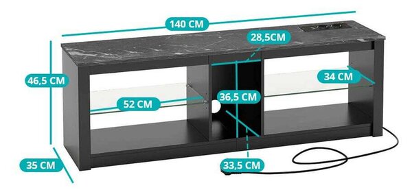 Modern LED TV Állvány, üvegpolcok, beépített konnektorok, USB, 140 cm