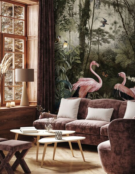 Fotótapéta Rózsaszín flamingók csoportja egy erdőben, Designer fali fotótapéta, Népszerű fotótapéta, u73568 - Tapeko.hu