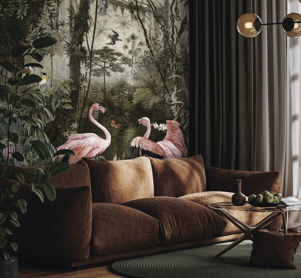 Fotótapéta Rózsaszín flamingók csoportja egy erdőben, Designer fali fotótapéta, Népszerű fotótapéta, u73568 - Tapeko.hu