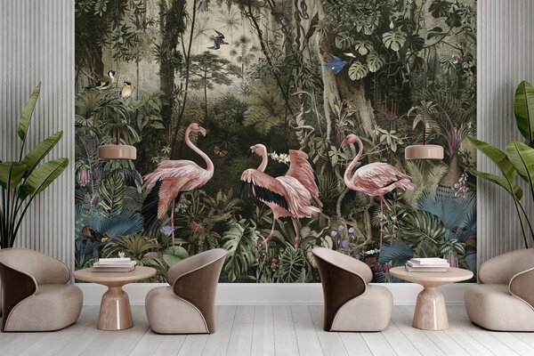 Fotótapéta Rózsaszín flamingók csoportja egy erdőben, Designer fali fotótapéta, Népszerű fotótapéta, u73568 - Tapeko.hu