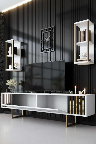 Hanah Home TV Unit White Black Gold Line - White, Black