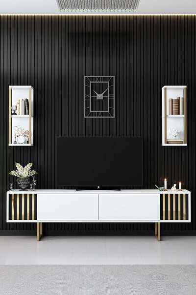 Hanah Home TV Unit White Black Gold Line - White, Black