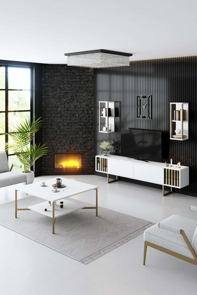 Hanah Home TV Unit White Black Gold Line - White, Black