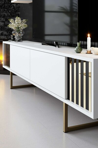 Hanah Home TV Unit White Black Gold Line - White, Black
