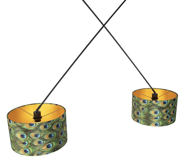Függőlámpa fekete bársony árnyékolókkal páva mintával aranyozott 35 cm 2-lámpás - Blitz
