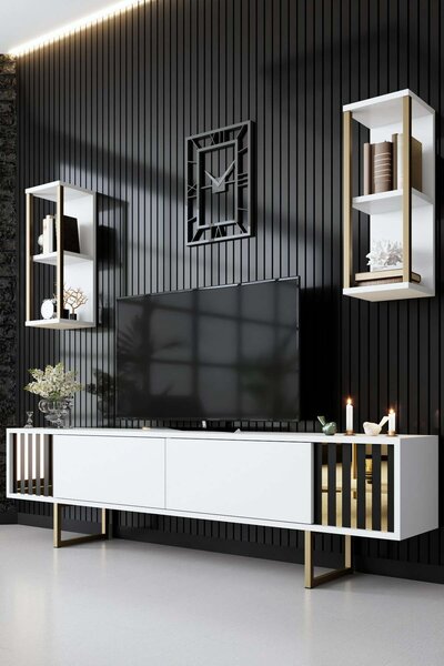 Hanah Home TV Unit White Black Gold Line - White, Black