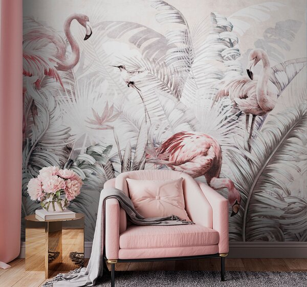 Fotótapéta Háttérkép flamingókkal és madarakkal, Designer fali fotótapéta, Népszerű fotótapéta, u73919 - Tapeko.hu