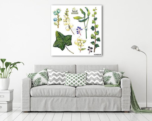 Watercolor illustration with branches, leaves and berries. (vászonkép)