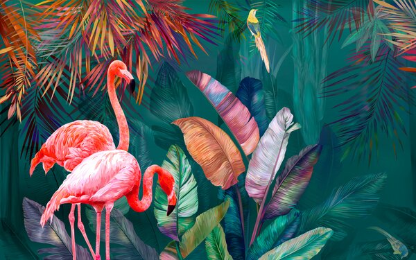 Fotótapéta Flamingók és színes levelek, 3D fotótapéta, Népszerű fotótapéta, u80403 - Tapeko.hu