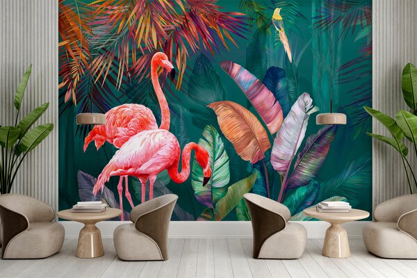 Fotótapéta Flamingók és színes levelek, 3D fotótapéta, Népszerű fotótapéta, u80403 - Tapeko.hu