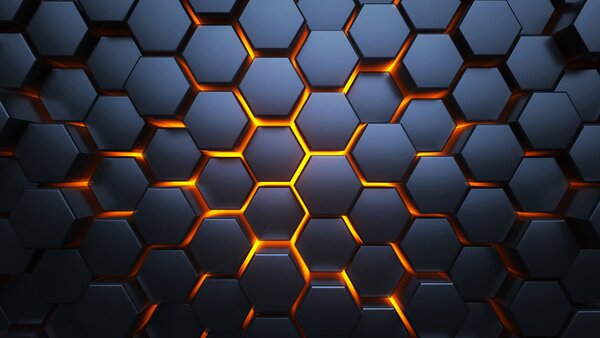 Fotótapéta Fekete hatszögek narancssárga fényekkel, Geometriai 3D fotótapéta, Népszerű fotótapéta, u93570 - Tapeko.hu