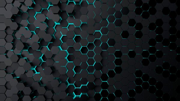 Fotótapéta Fekete hatszögek kék fényekkel, Geometriai 3D fotótapéta, Népszerű fotótapéta, u93618 - Tapeko.hu
