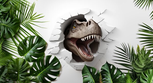 Fotótapéta Dinoszaurusz fej jön ki a falon lévő lyukból, 3D fotótapéta, Népszerű fotótapéta, u94772 - Tapeko.hu