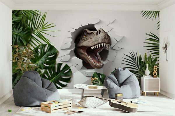 Fotótapéta Dinoszaurusz fej jön ki a falon lévő lyukból, 3D fotótapéta, Népszerű fotótapéta, u94772 - Tapeko.hu