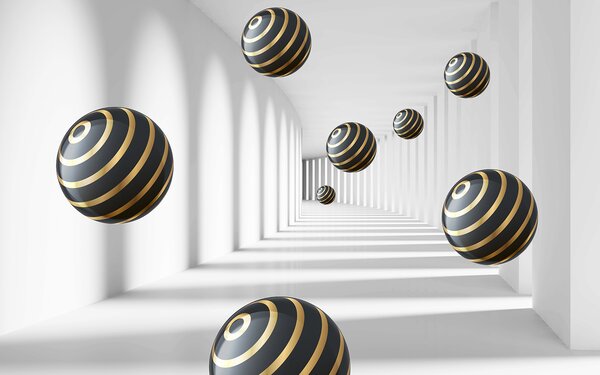 Fotótapéta Csíkos gömbök lebegnek a fehér folyosón, 3D fotótapéta, Népszerű fotótapéta, u95356 - Tapeko.hu