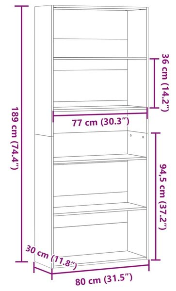VidaXL Fehér Fa Könyvespolc - 5 Polc - 80x30x189 cm