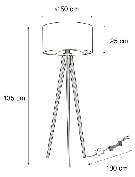 Állólámpa diófa háromlábú állvánnyal, piros lámpabúrával és arany belsővel 50cm - Tripod Classic