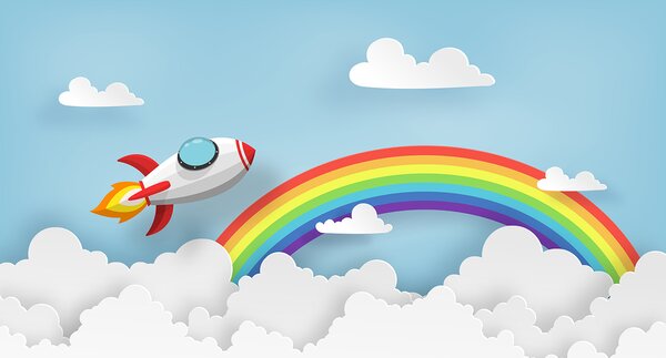 Fotótapéta Rakéta repül az égen felhőkkel és szivárvánnyal, Gyerekszoba fotótapéta, Népszerű fotótapéta, u96299 - Tapeko.hu