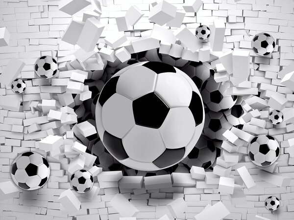 Fotótapéta Futball labda áttörése egy téglafalon, Gyerekszoba fotótapéta, Népszerű fotótapéta, u96315 - Tapeko.hu
