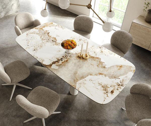 DELIFE Étkezőasztal Edge hajóformájú 240x120 cm kerámia Minas Melange fehér-bézs Troa fém fehér
